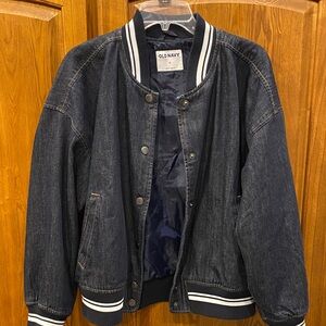 Old Navy Navy Blue Denim Bomber Jacket with White-Trim Ribbing size medium